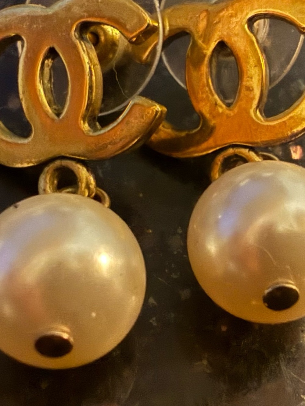 CHANEL Gold and Ivory CC Logo Pearl Drop Earrings